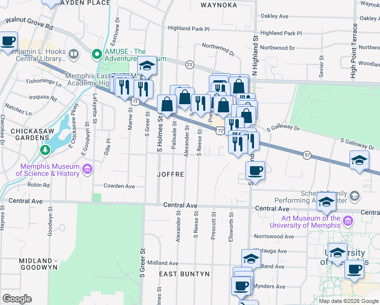 map of restaurants, bars, coffee shops, grocery stores, and more near 176 Alexander Street in Memphis