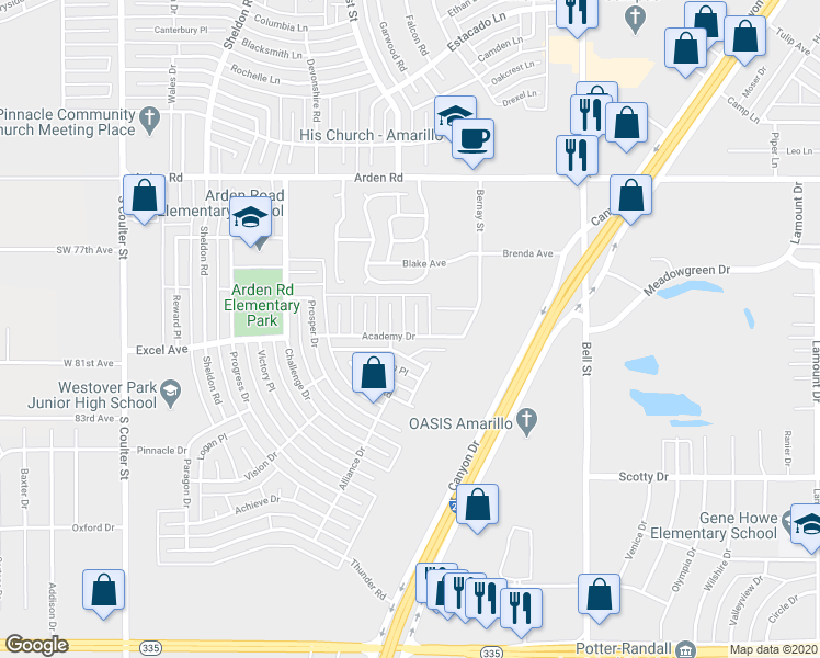 map of restaurants, bars, coffee shops, grocery stores, and more near 7912 Goal Place in Amarillo