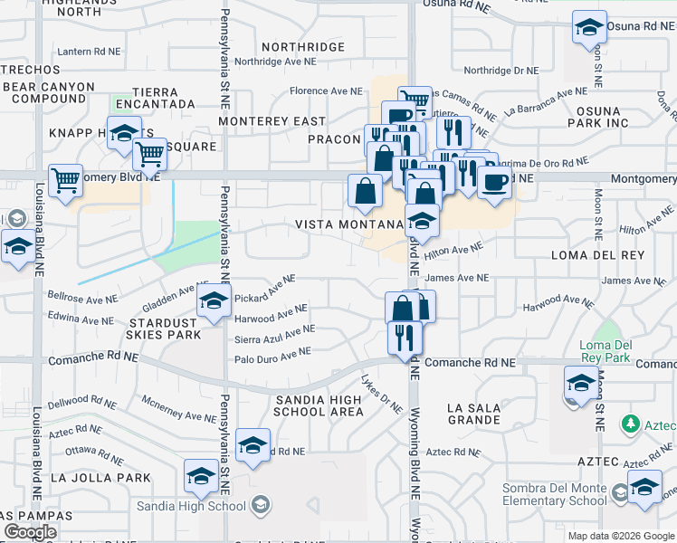 map of restaurants, bars, coffee shops, grocery stores, and more near 8013 Pickard Avenue Northeast in Albuquerque