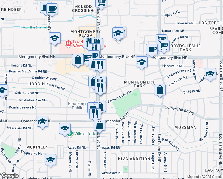 map of restaurants, bars, coffee shops, grocery stores, and more near 3900 Ortiz Court Northeast in Albuquerque