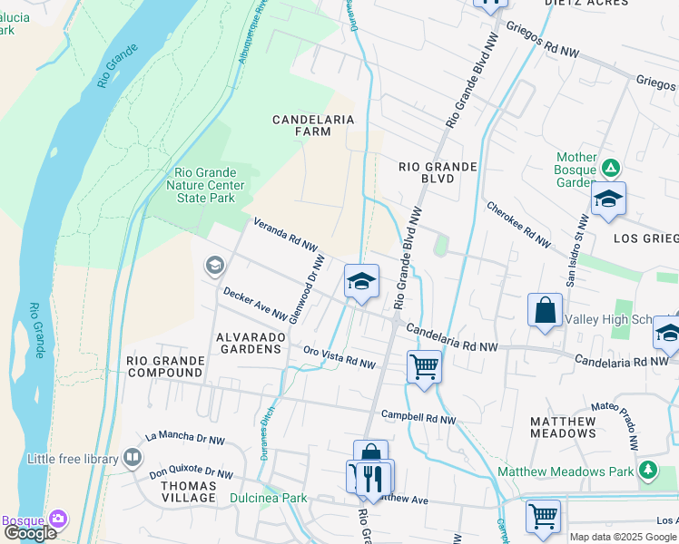 map of restaurants, bars, coffee shops, grocery stores, and more near 3124 Glenwood Drive Northwest in Albuquerque
