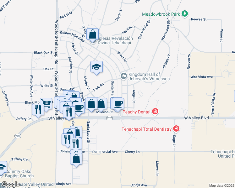 map of restaurants, bars, coffee shops, grocery stores, and more near 21201 Golden Hills Boulevard in Tehachapi