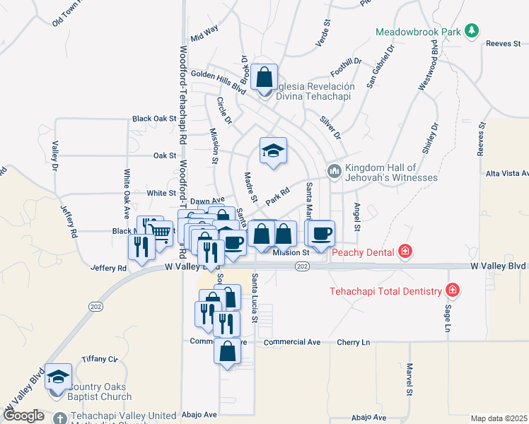 map of restaurants, bars, coffee shops, grocery stores, and more near 21238 Madre Street in Tehachapi