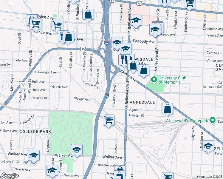 map of restaurants, bars, coffee shops, grocery stores, and more near 1154 Central Avenue in Memphis