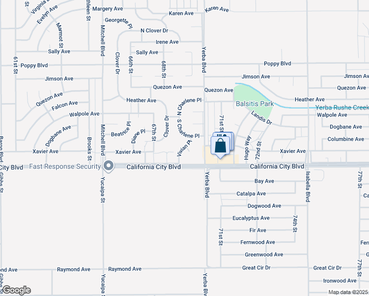 map of restaurants, bars, coffee shops, grocery stores, and more near 1 Vivian Place in California City