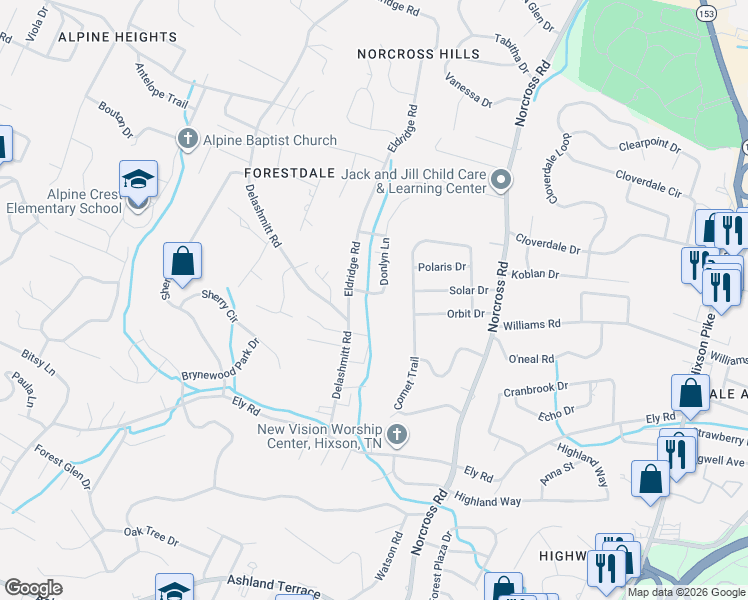 map of restaurants, bars, coffee shops, grocery stores, and more near 5210 Donlyn Drive in Chattanooga