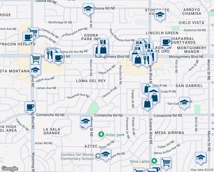 map of restaurants, bars, coffee shops, grocery stores, and more near 3803 Cheraz Street Northeast in Albuquerque
