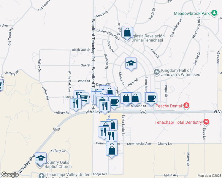 map of restaurants, bars, coffee shops, grocery stores, and more near 21201 Mission Street in Tehachapi