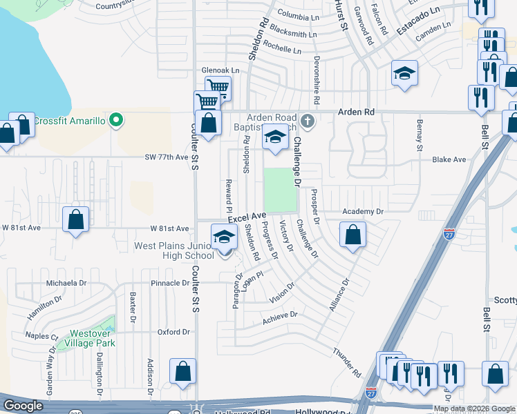 map of restaurants, bars, coffee shops, grocery stores, and more near 7912 Progress Drive in Amarillo