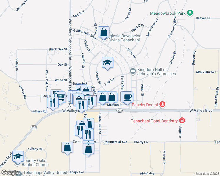 map of restaurants, bars, coffee shops, grocery stores, and more near 21230 Madre Street in Tehachapi