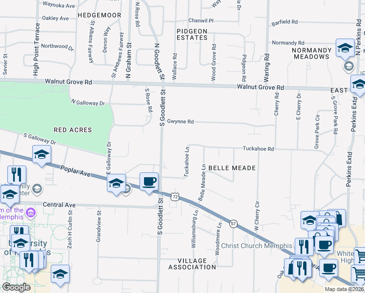 map of restaurants, bars, coffee shops, grocery stores, and more near 163 Tuckahoe Lane in Memphis