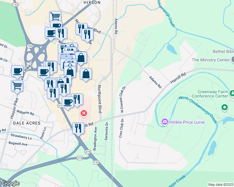 map of restaurants, bars, coffee shops, grocery stores, and more near 2037 Crescent Club Drive in Chattanooga