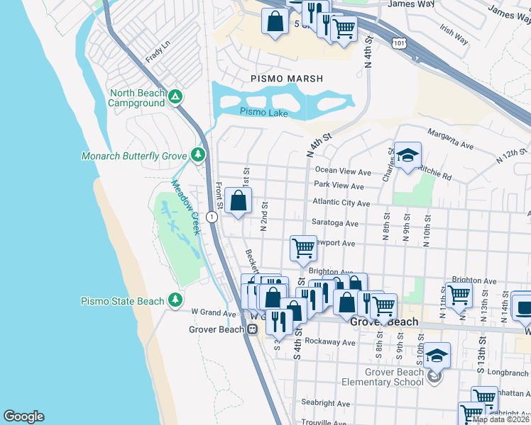 map of restaurants, bars, coffee shops, grocery stores, and more near 500 North 2nd Street in Grover Beach