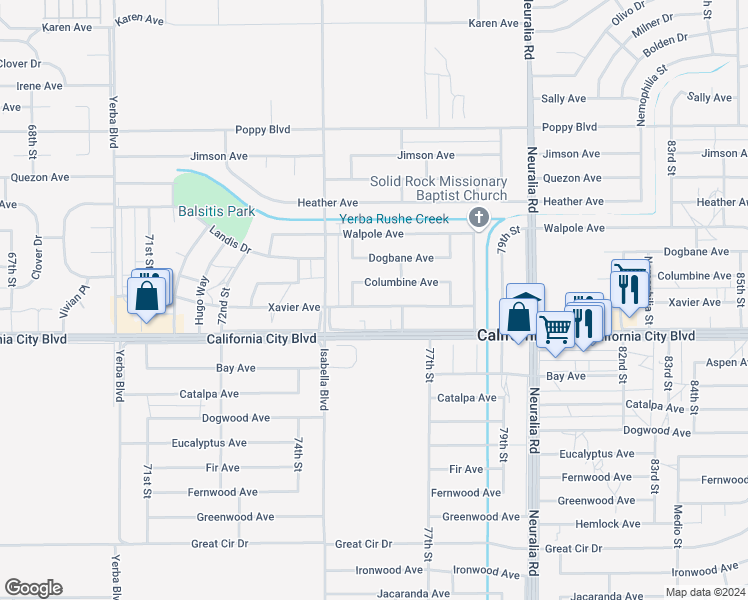 map of restaurants, bars, coffee shops, grocery stores, and more near 7613 Xavier Avenue in California City