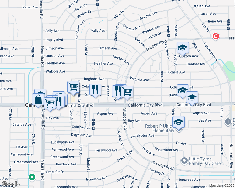 map of restaurants, bars, coffee shops, grocery stores, and more near 21030 Orchid Drive in California City