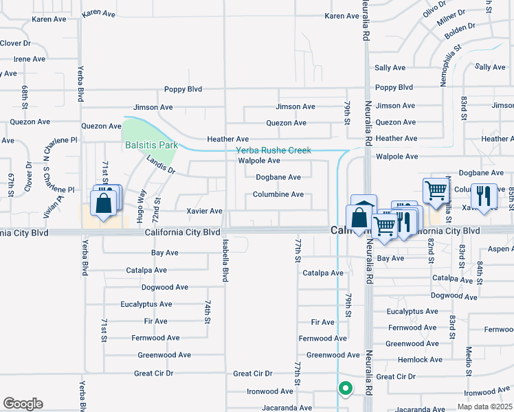 map of restaurants, bars, coffee shops, grocery stores, and more near 7605 Xavier Avenue in California City