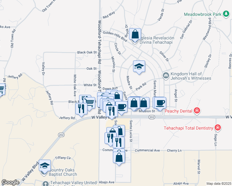 map of restaurants, bars, coffee shops, grocery stores, and more near 21201 Mission Street in Tehachapi
