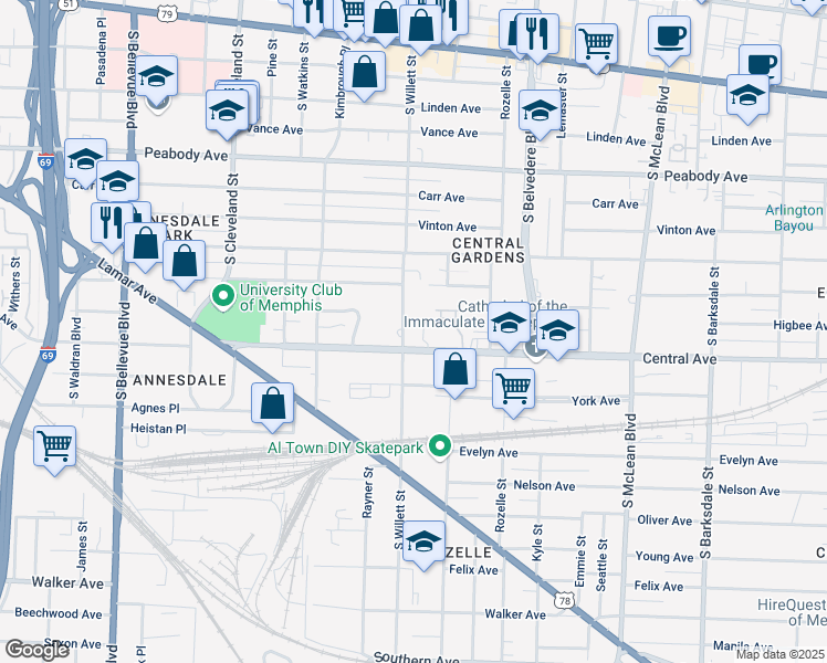 map of restaurants, bars, coffee shops, grocery stores, and more near 1560 Central Avenue in Memphis