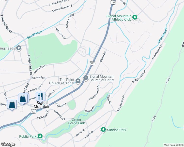 map of restaurants, bars, coffee shops, grocery stores, and more near 1005 Signal Road in Signal Mountain