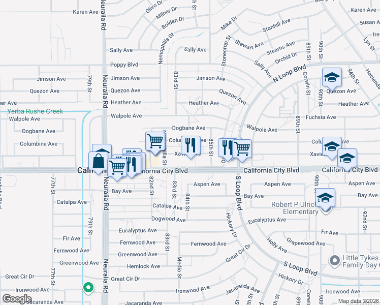 map of restaurants, bars, coffee shops, grocery stores, and more near Xavier Avenue in California City