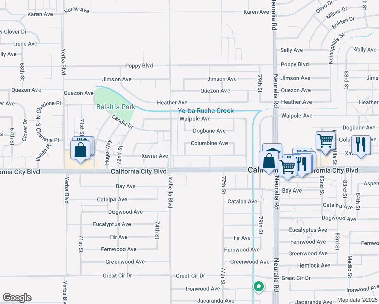 map of restaurants, bars, coffee shops, grocery stores, and more near 7603 Xavier Avenue in California City
