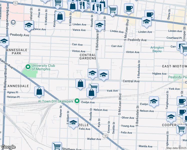 map of restaurants, bars, coffee shops, grocery stores, and more near 1685 Regents Park Drive in Memphis