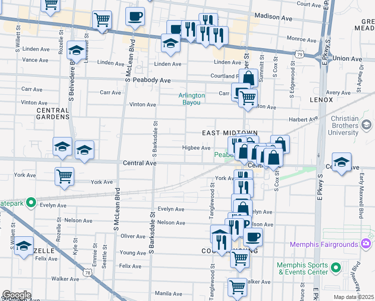 map of restaurants, bars, coffee shops, grocery stores, and more near 1993 Higbee Avenue in Memphis