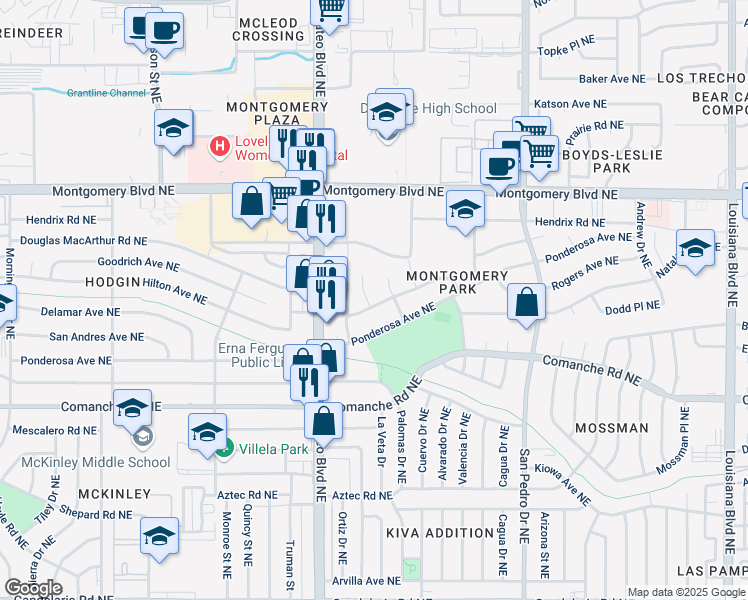 map of restaurants, bars, coffee shops, grocery stores, and more near 3900 Ortiz Court Northeast in Albuquerque