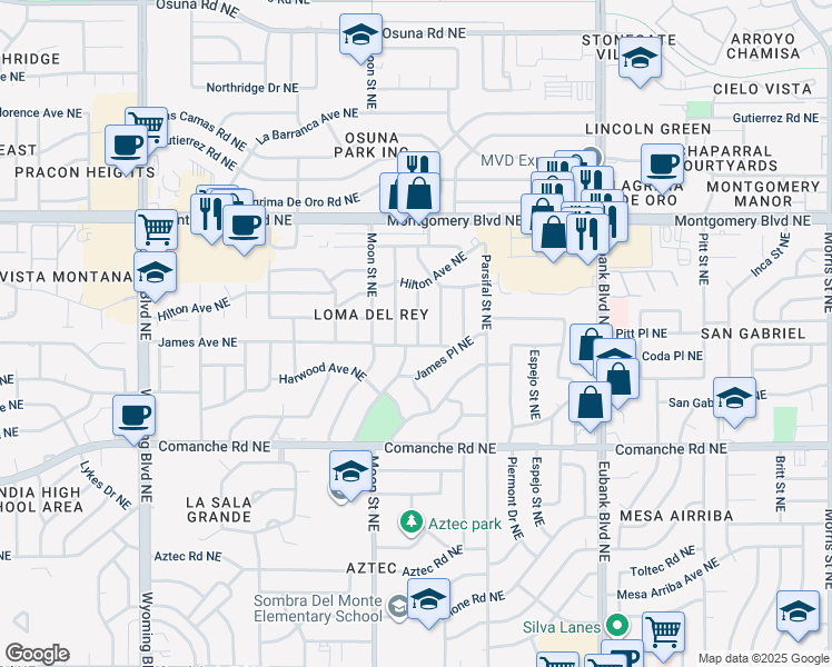map of restaurants, bars, coffee shops, grocery stores, and more near 3803 Cheraz Street Northeast in Albuquerque