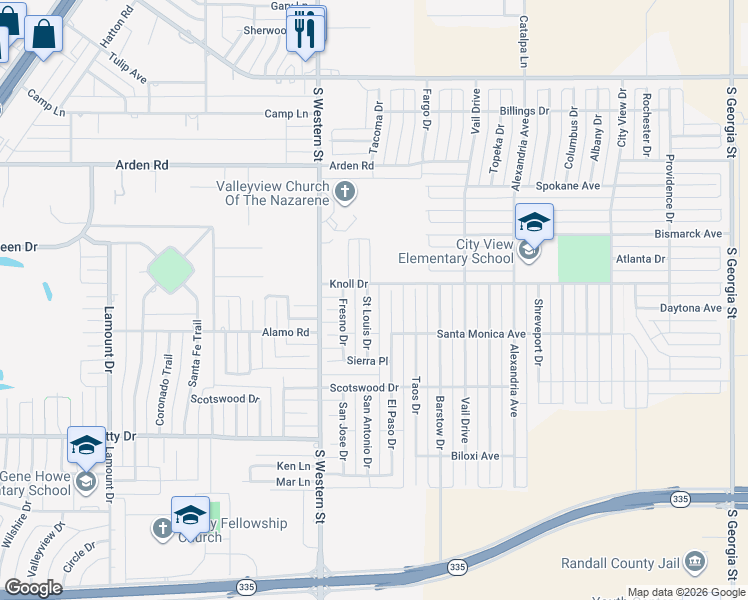 map of restaurants, bars, coffee shops, grocery stores, and more near 7705 Saint Louis Drive in Amarillo