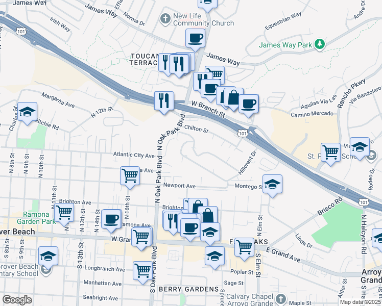 map of restaurants, bars, coffee shops, grocery stores, and more near 1539 Sierra Drive in Arroyo Grande