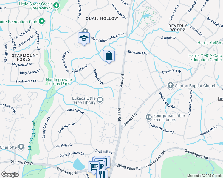 map of restaurants, bars, coffee shops, grocery stores, and more near 7726 Park Road in Charlotte
