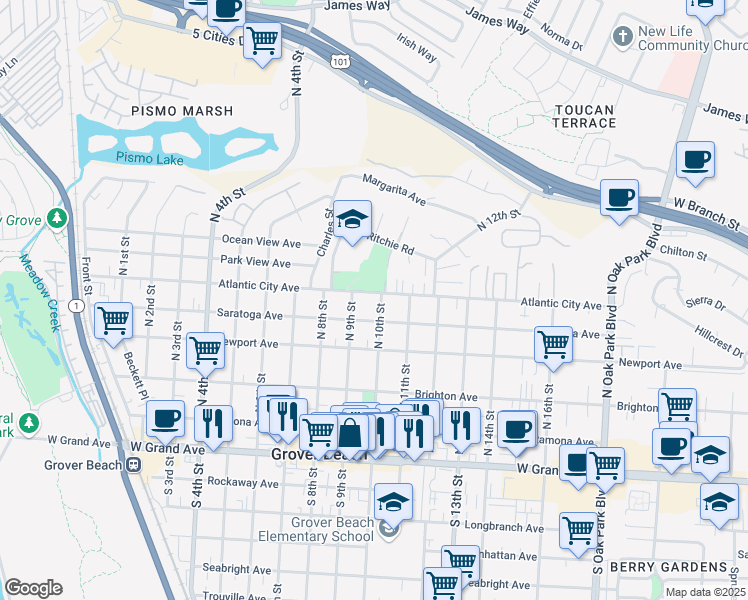 map of restaurants, bars, coffee shops, grocery stores, and more near 966 Atlantic City Avenue in Grover Beach