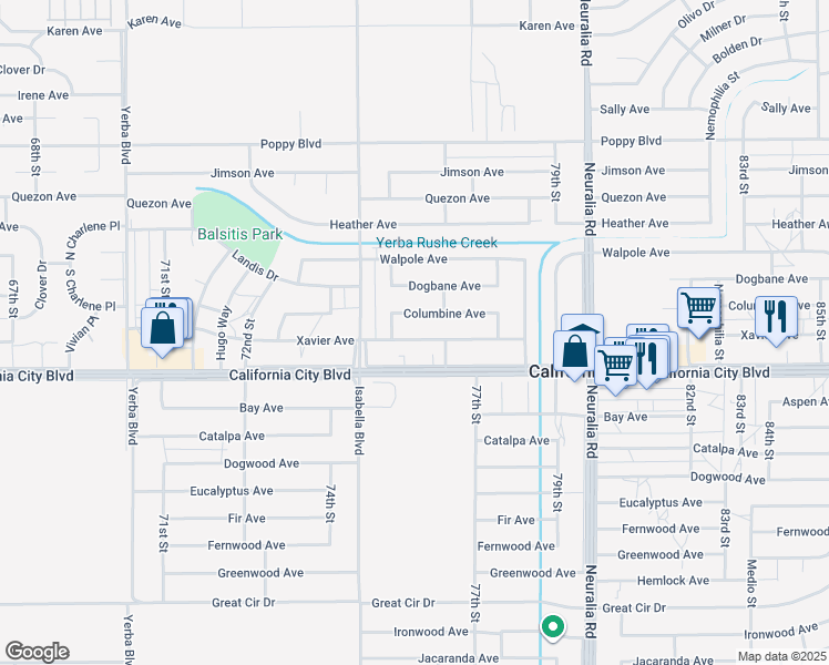 map of restaurants, bars, coffee shops, grocery stores, and more near 7613 Xavier Avenue in California City