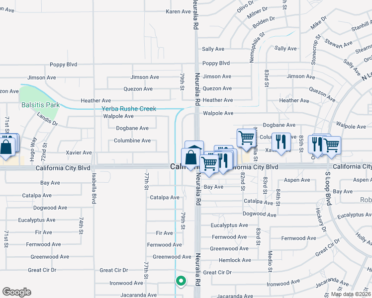 map of restaurants, bars, coffee shops, grocery stores, and more near 21032 79th Street in California City