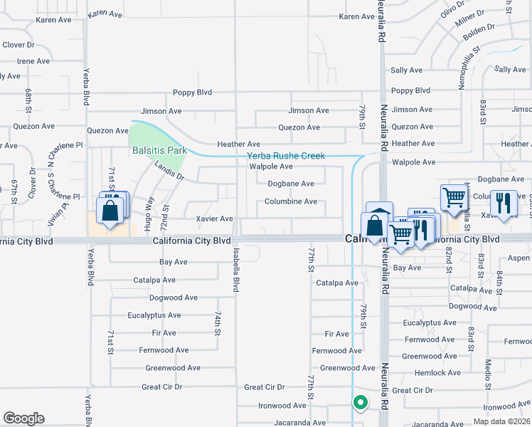 map of restaurants, bars, coffee shops, grocery stores, and more near 7605 Xavier Avenue in California City