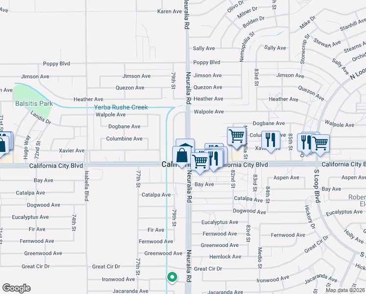 map of restaurants, bars, coffee shops, grocery stores, and more near 21033 Neuralia Road in California City
