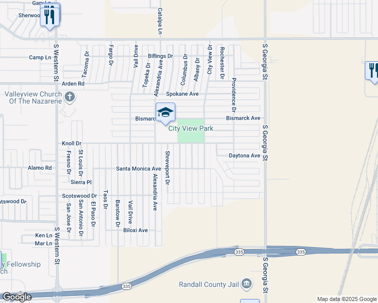 map of restaurants, bars, coffee shops, grocery stores, and more near 7904 Knoxville Drive in Amarillo