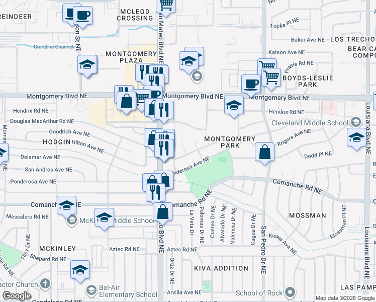 map of restaurants, bars, coffee shops, grocery stores, and more near 3900 Ortiz Court Northeast in Albuquerque