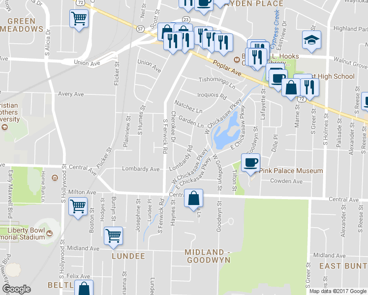 map of restaurants, bars, coffee shops, grocery stores, and more near 2893 Arawata Lane in Memphis