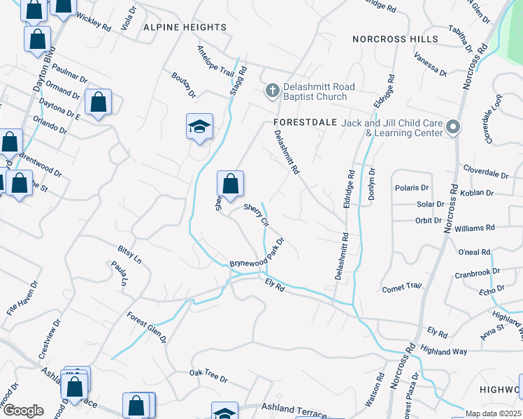 map of restaurants, bars, coffee shops, grocery stores, and more near 923 Sherry Circle in Chattanooga