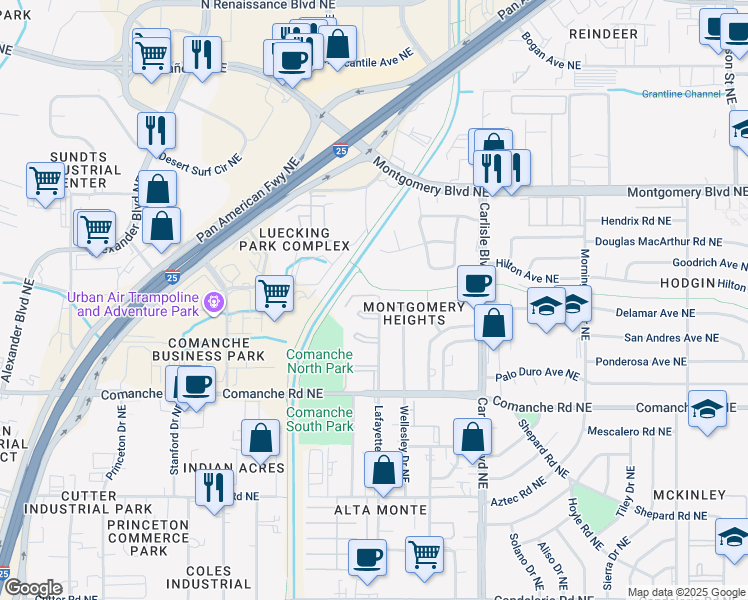 map of restaurants, bars, coffee shops, grocery stores, and more near 24 Lafayette Drive Northeast in Albuquerque