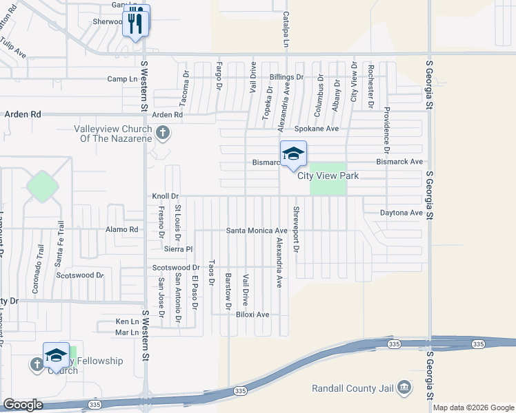 map of restaurants, bars, coffee shops, grocery stores, and more near 7907 Vail Drive in Amarillo
