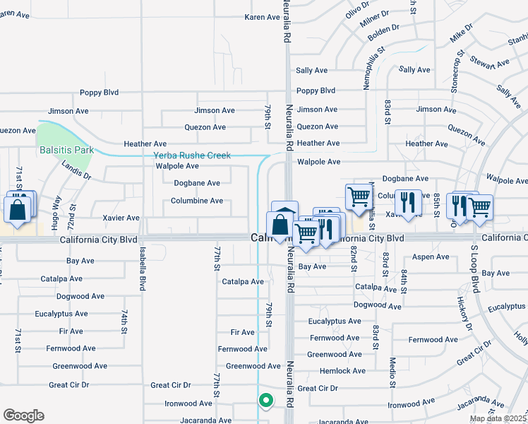 map of restaurants, bars, coffee shops, grocery stores, and more near 21033 79th Street in California City
