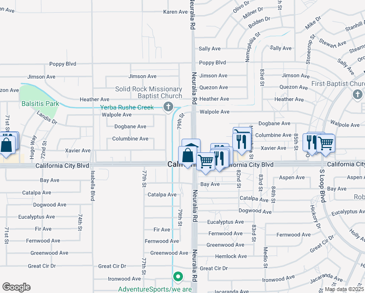 map of restaurants, bars, coffee shops, grocery stores, and more near 21032 79th Street in California City