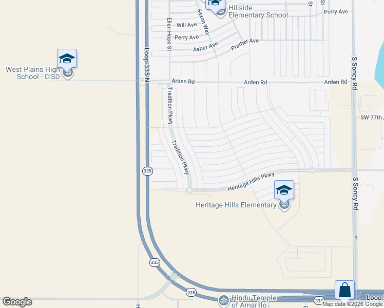 map of restaurants, bars, coffee shops, grocery stores, and more near 9611 Kori Drive in Amarillo