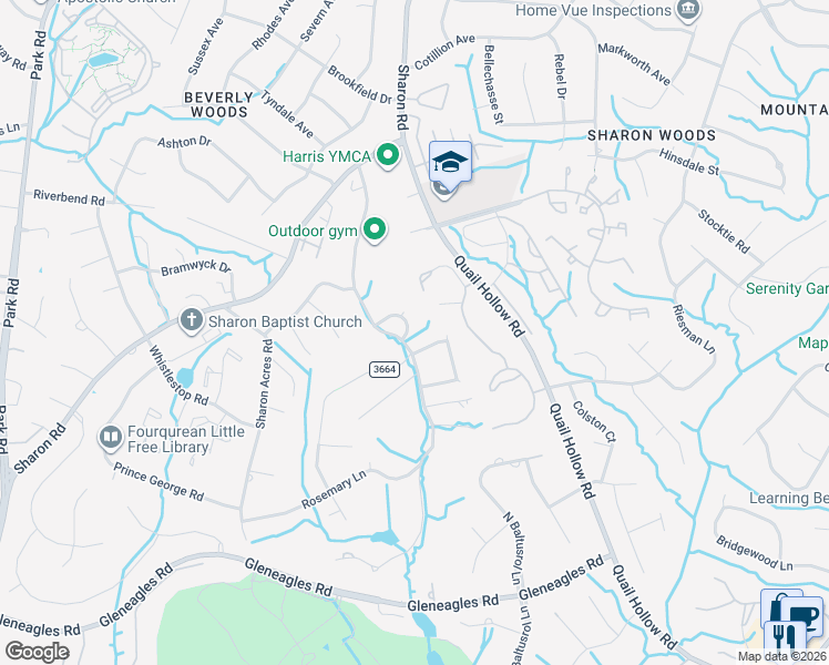 map of restaurants, bars, coffee shops, grocery stores, and more near 5910 Saint John Lane in Charlotte