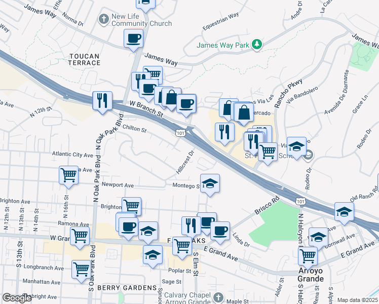 map of restaurants, bars, coffee shops, grocery stores, and more near 277 Hillcrest Drive in Arroyo Grande