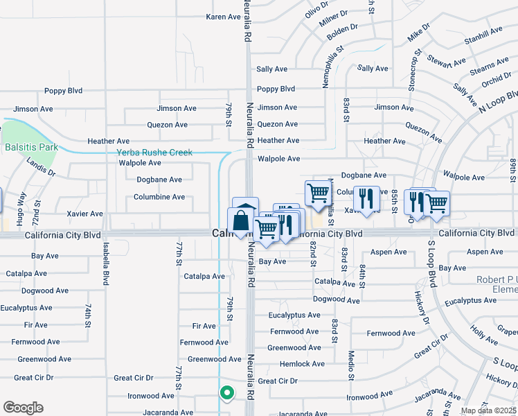 map of restaurants, bars, coffee shops, grocery stores, and more near Rolland Drive in California City