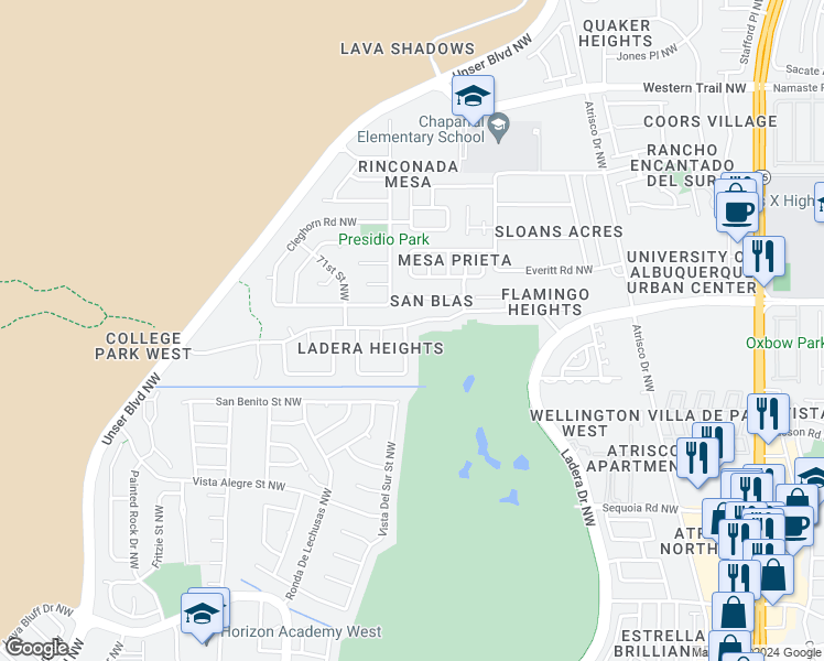 map of restaurants, bars, coffee shops, grocery stores, and more near 3912 67th Street Northwest in Albuquerque